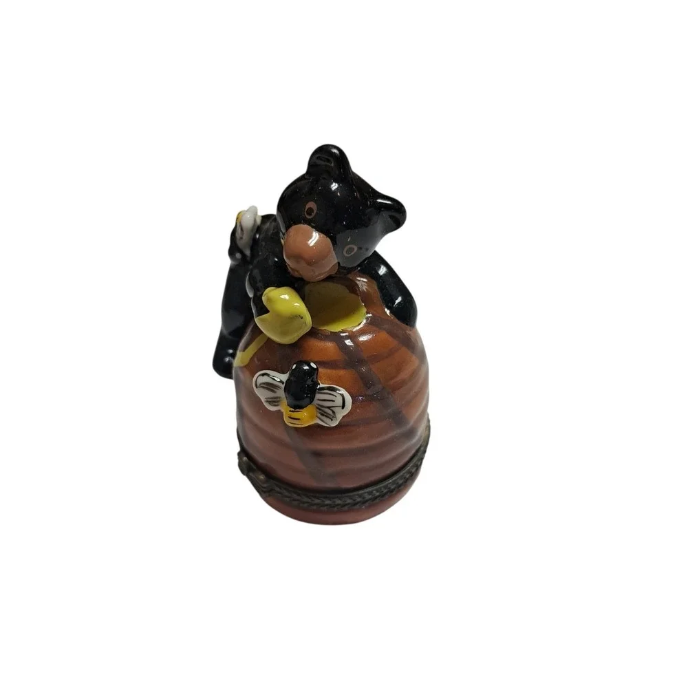 Beehive And Adorable Black Bear With Honey Bee Trinket Box With Open Close Clasp